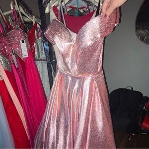 MacDuggal, pink metallic A-line with split.